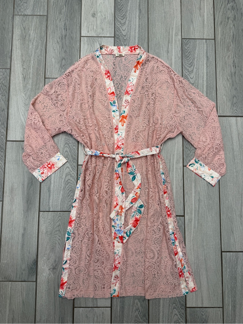 POL Blush Pink Lace Floral-Trim Robe Kimono Size Large